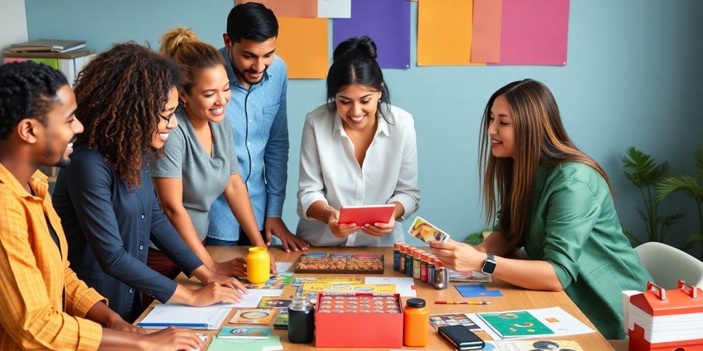 Diverse marketers collaborating over product marketing strategies.