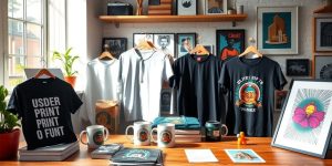 Workspace with print on demand products and creative items.