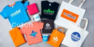 Flat lay of custom branded merchandise including t-shirts and mugs.