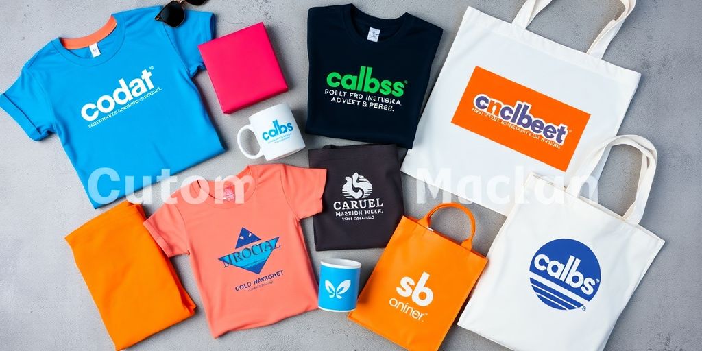 Flat lay of custom branded merchandise including t-shirts and mugs.