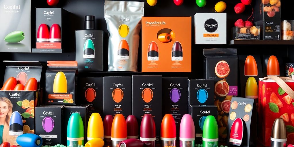 Colorful pod products arranged attractively on a table.