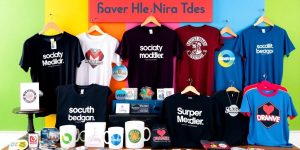 Colorful social media merchandise like t-shirts and mugs.