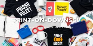 Flat lay of print-on-demand products and design tools.